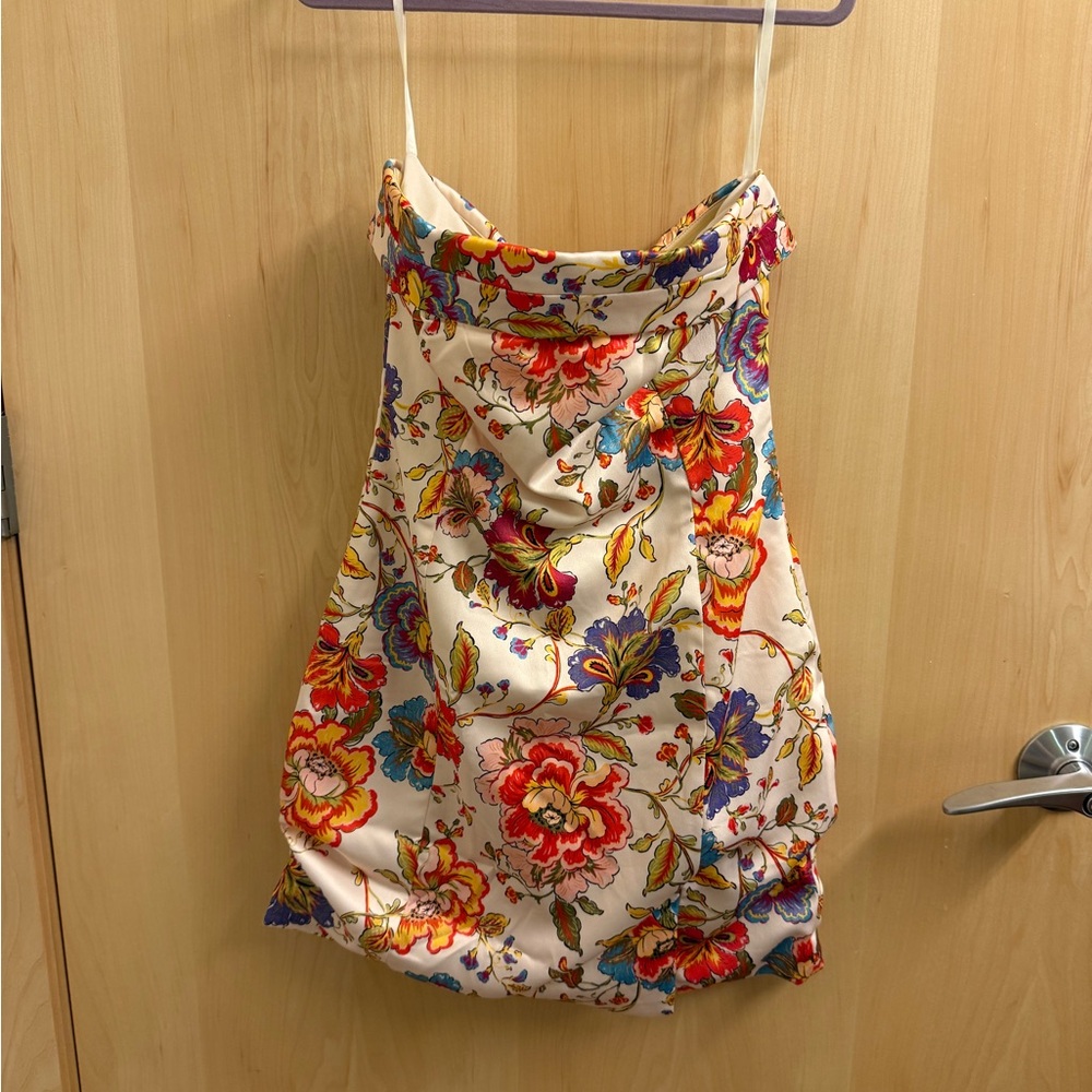 Floral Satin Strapless Dress - Cream with Multicolor Blooms